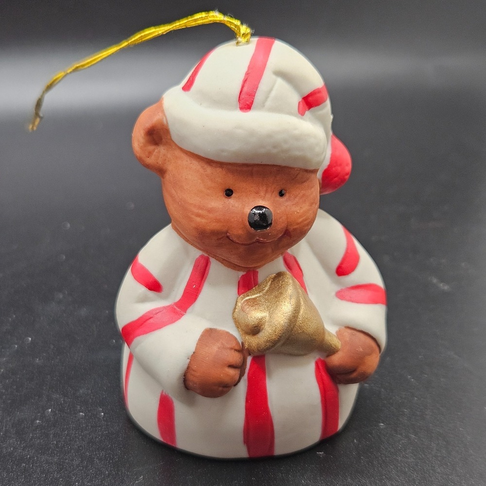Vintage 1985 Giftco Teddy Bear Bell Christmas Ornament Peppermint Suit
